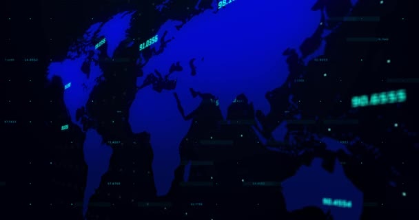 青の数字が立ち上がったり下がったりする青い世界地図のアニメーション 世界経済の株式市場の概念デジタル組成 — ストック動画