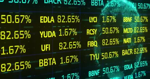 蓝色和黄色股票市场的动画数据在蓝色的地球上滚动和处理 全球经济股票市场概念数字构成 — 图库视频影像