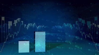 Mavi arka planda borsa okumalarıyla birlikte istatistik kaydının üzerinde veri işleme animasyonu. Küresel finans ve iş konsepti dijital olarak oluşturulmuş görüntü.