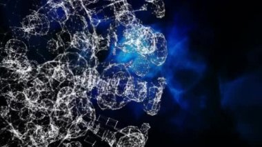 Parlayan 3D DNA iplikçiklerinin dönmesi ve siyah arkaplanda mavi duman bulutları. Küresel bilim tıbbı genetik kavramı dijital olarak oluşturulmuş görüntü.