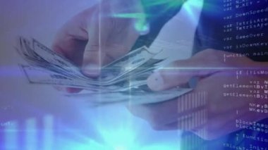 Amerikan doları banknotlarını sayan adamın animasyonu ön planda istatistik kaydı ve finansal veri işleme. Küresel finans ve iş konsepti dijital olarak oluşturulmuş görüntü.