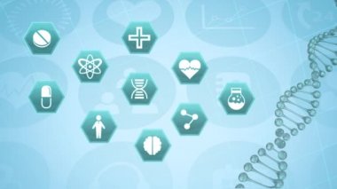 Yüzen ikonların ve dönen DNA türlerinin animasyonu. Küresel ağ ve bağlantı konsepti dijital olarak oluşturuldu.