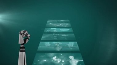 Tıbbi veri işleme animasyonu, DNA dizisi, insan vücudu dönüşümü ve robot kolu dijital ekranları açıyor. Tıp bilimi konsepti dijital olarak oluşturulmuş görüntü.