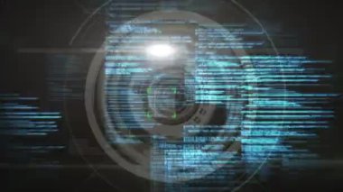 Biyometrik monitör animasyonu veri işleme ve kaydetme ve tarama ile parmak izi okuyor. Dijital olarak oluşturulmuş küresel biyometrik dijital güvenlik ve kimlik konsepti.