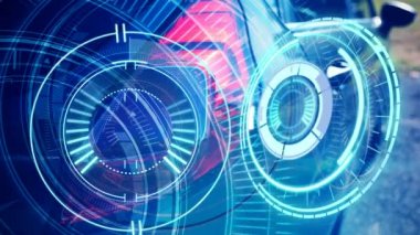 Hareket halindeki dairelerin ve arabanın üzerindeki veri işlemesinin animasyonu. Küresel ağ ve bağlantı konsepti dijital olarak oluşturuldu.