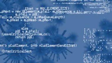 Mavi zemin üzerinde veri işleme ile yüzen makro hücrelerin animasyonu. Coronavirus Covid-19 pandemik konsept dijital bileşik.