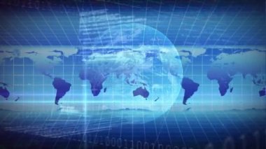 Mavi zemin üzerinde ikili kodlama, veri işleme ve istatistik kaydı ve dünya haritasının animasyonu. Küresel finans ve iş konsepti dijital olarak oluşturulmuş görüntü.