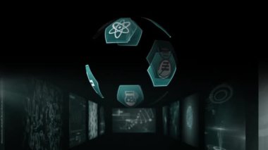 Dünyayı oluşturan tıbbi ikonların animasyonu, tıbbi veri işleme, DNA iplikçiklerinin dönüşümü, dijital ekranlarda insan beyni. Tıp bilimi konsepti dijital olarak oluşturulmuş görüntü.