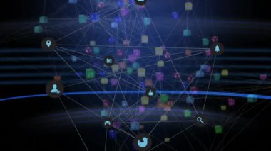 Birden fazla simgenin dünya üzerindeki bağlantıları ile birlikte yüzen simgelerin animasyonu. Küresel ağ ve bağlantı konsepti dijital olarak oluşturuldu.