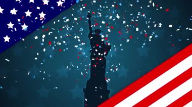 Amerikan bayrağı animasyonu ve Özgürlük Heykeli üzerine düşen konfeti. Amerika Birleşik Devletleri bayrağı ve tatil konsepti dijital kompozisyon.