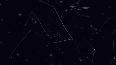 Parlayan pleksus bağlantılarının ve siyah arka planda evrende akan ışık noktalarının animasyonu. Dijital olarak oluşturulmuş küresel ağ çevrimiçi topluluk konsepti.