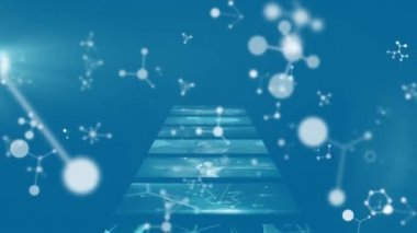 Dijital ekranları açan tıbbi veri işleme, moleküller ve DNA iplikçiklerinin animasyonu. Tıp bilimi konsepti dijital olarak oluşturulmuş görüntü.