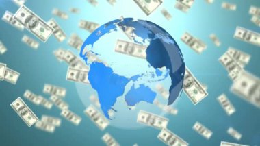 Parlak mavi arka plana düşen Amerikan doları banknotlarıyla dönen dünyanın animasyonu. Küresel finans ve iş konsepti dijital bileşimi.