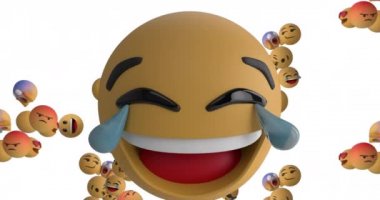 Beyaz arkaplanda yüzen dijital emoji simgeleri üzerinde dijital emoji simgesinin hareketinin animasyonu. Dijital olarak oluşturulmuş görüntü sosyal ağ küresel bağlantılar kavramı.