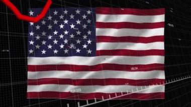 Kırmızı diyagram üzerinde dalgalanan Amerikan bayrağının animasyonu ve siyah arkaplanda veri işleme. Amerika Birleşik Devletleri bayrağı ve tatil konsepti dijital kompozisyon.