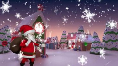 Yıldız animasyonu ve kış manzarasıyla yağan kar ve arka planda hediyeler olan Noel Baba. Noel kutlaması ve şenlik konsepti dijital olarak oluşturuldu.