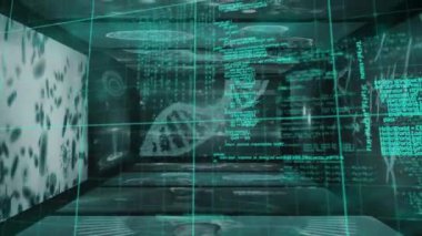 Dijital ekranları açan tıbbi veri işleme ve DNA iplikçiklerinin animasyonu. Tıp bilimi konsepti dijital olarak oluşturulmuş görüntü.