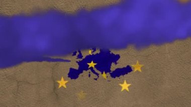 Avrupa üzerinde Avrupa Birliği bayrağından yapılmış renkli duman denemelerinin animasyonu etrafta yıldızların sallanmasıyla başladı. Avrupa Birliği bayrağı ve tatil konsepti dijital kompozisyon.