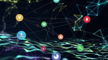 Sosyal medya simgelerinin ve siyah arkaplanda akan ışık izlerinin animasyonu. Dijital olarak oluşturulmuş küresel sosyal medya çevrimiçi topluluk kavramı.