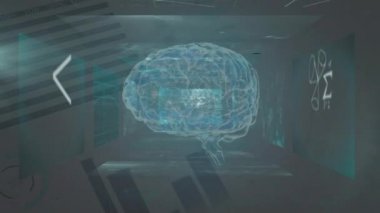 Matematiksel denklemler ve şekiller üzerinde dönen beynin animasyonu. Dijital çevrimiçi güvenlik arayüzü kavramı dijital olarak oluşturuldu.