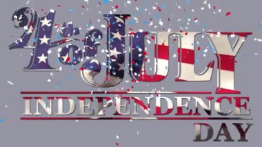 Bağımsızlık Günü metninin üzerine düşen konfetilerin animasyonu, arka planda sallanan Amerikan bayrağından yapılmış. Amerika Birleşik Devletleri bayrağı ve tatil konsepti dijital kompozisyon.