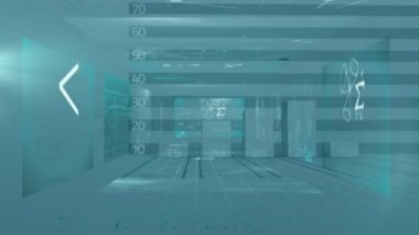 Yüzen matematiksel denklemlerin üzerinde yüzen diyagram ve okun animasyonu. Dijital çevrimiçi güvenlik arayüzü kavramı dijital olarak oluşturuldu.