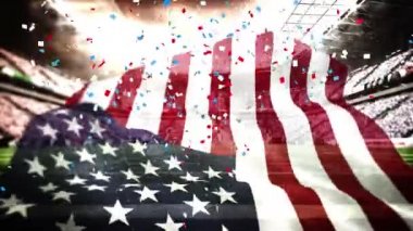 Stadyumun üzerine düşen Amerikan bayrağı ve konfetisinin animasyonu. Amerika Birleşik Devletleri bayrağı ve tatil konsepti dijital kompozisyon.