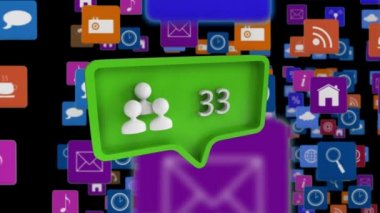 Siyah arkaplanda yüzen simgeler üzerinde artan sayıların canlandırılması. Dijital olarak oluşturulmuş görüntü sosyal ağ küresel bağlantılar kavramı.