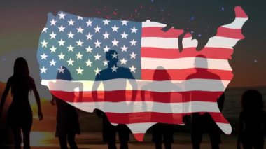 Düşen konfeti animasyonu ve ABD bayraklarından yapılmış bir grup insanın üzerinden atlama hareketi. Amerika Birleşik Devletleri bayrağı ve tatil konsepti dijital kompozisyon.