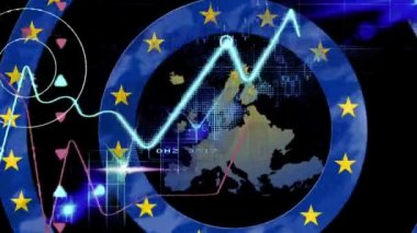 Avrupa Birliği bayrağının hareket halindeki dairelerin üzerinde yüzen diyagramların animasyonu. Avrupa Birliği bayrağı ve tatil konsepti dijital kompozisyon.