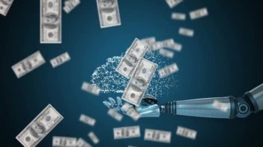 Çevrimiçi güvenlik ikonu animasyonu, mavi arka planda düşen Amerikan doları banknotlarına uzanan robot kolu. Küresel finans çevrimiçi güvenlik kavramı dijital bileşimi.