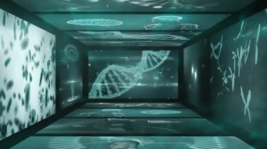 Tıbbi veri işleme animasyonu, DNA iplikçikleri ve dijital ekranlarda insan vücudu. Tıp bilimi konsepti dijital olarak oluşturulmuş görüntü.