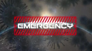 Arka planda beyaz kelime EMERGENCY ve makro hücre modellerinin yüzdüğü kırmızı tabelanın animasyonu. Coronavirus Covid-19 pandemik konsept dijital bileşik.