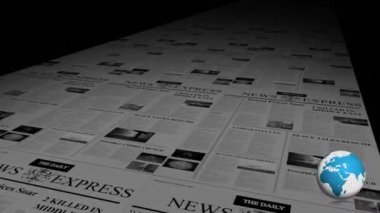 Siyah arka planda hareket eden gazeteler üzerinde metin ve dönen küre animasyonu. Dijital olarak oluşturulmuş görüntü sosyal ağ küresel bağlantılar kavramı.