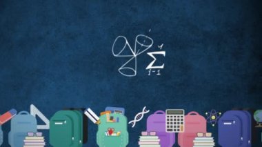 Mavi arka planda yüzen matematiksel denklemlerin ve okul ekipmanlarıyla sembollerin animasyonu. Okul konseptine geri dön dijital kompozisyon