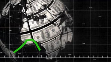Finansal veri işleme ve yeşil çizgi ve küre ile istatistik kaydının animasyonu arka planda Amerikan doları ile oluşturuldu.