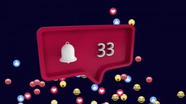 Karanlık arkaplanda yüzen dijital emoji simgeleri üzerinde artan sayıların animasyonu. Dijital olarak oluşturulmuş görüntü sosyal ağ küresel bağlantılar kavramı.