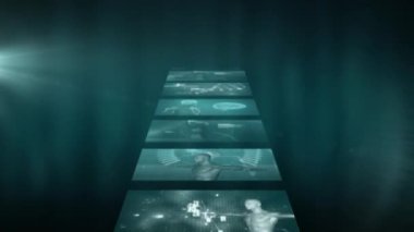 Tıbbi veri işleme animasyonu, DNA iplikçikleri ve dijital ekranlarda insan vücudu. Tıp bilimi konsepti dijital olarak oluşturulmuş görüntü.