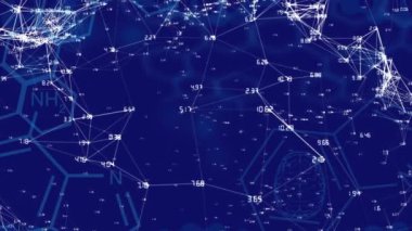 Mavi arkaplanda bağlantı ağı olan yüzen verilerin animasyonu. Küresel ağ ve bağlantı konsepti dijital olarak oluşturuldu.