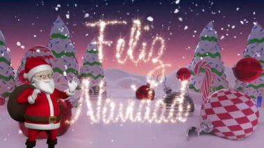 Feliz Navidad 'ın Noel manzarası, kar yağması ve Noel Baba' nın el salladığı beyaz harflerle yazdığı animasyon. Noel kutlaması ve şenlik konsepti dijital olarak oluşturuldu.