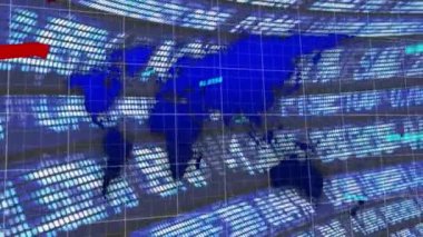 Dünya haritasında veri işleme ve azalan kırmızı diyagramın animasyonu. Dijital çevrimiçi güvenlik arayüzü kavramı dijital olarak oluşturuldu.