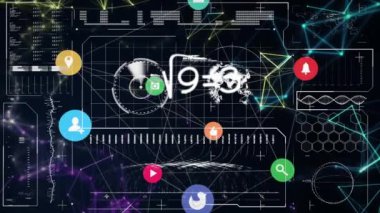 Grafikler ve veri işleme üzerinde bağlantılar ve sosyal ikonlar ile yüzen matematiksel denklemlerin animasyonu. Dijital çevrimiçi güvenlik arayüzü kavramı dijital olarak oluşturuldu