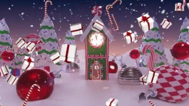Kış manzarasıyla düşen kar tanelerinin, düşen Noel hediyelerinin, mücevherlerin, evlerin ve Noel ağaçlarının animasyonu. Noel kutlaması ve şenlik konsepti dijital olarak oluşturuldu.