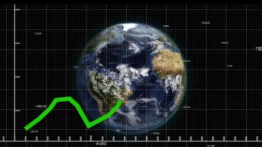Finansal veri işleme ve yeşil çizgili istatistik kaydı ve arka planda dönen dünyanın animasyonu. Küresel iş ve finansman kavramı dijital olarak oluşturulmuş görüntü.