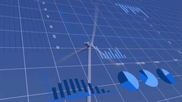 Animation Financial Data Processing Statistics Recording Wind Turbine Turning Grid — Stock Video