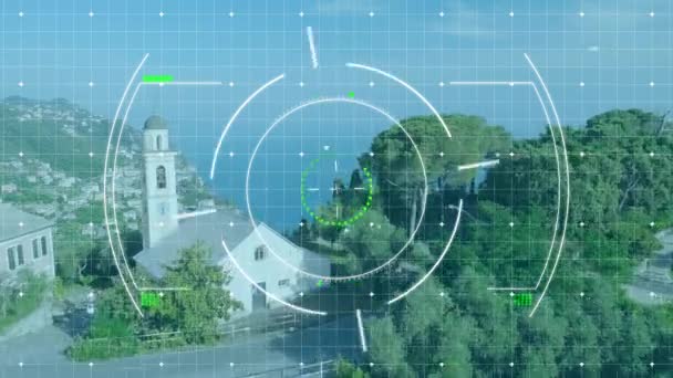 Animation d'icônes flottant avec un réseau de connexions et des cercles mobiles sur la vue aérienne du paysage urbain. Concept global de réseau et de connexion image générée numériquement.