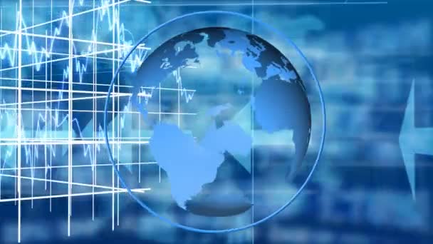 勾配青の背景に地球回転統計記録と財務データ処理のアニメーション グローバルファイナンスとビジネスコンセプトデジタル的に生成されたイメージ — ストック動画