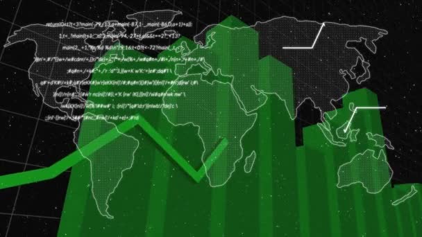Pénzügyi Adatfeldolgozás Statisztika Animációja Zöld Vonallal Világtérképpel Háttérben — Stock videók