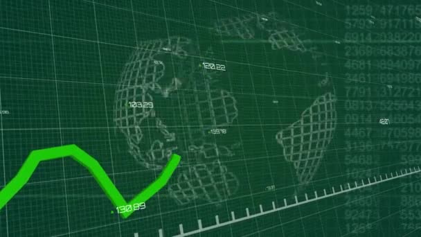 Animación Procesamiento Datos Financieros Registro Estadísticas Con Línea Verde Globo — Vídeos de Stock