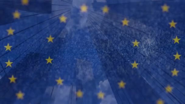 Animação Girar Bandeira União Europeia Com Cidade Segundo Plano Bandeira — Vídeo de Stock